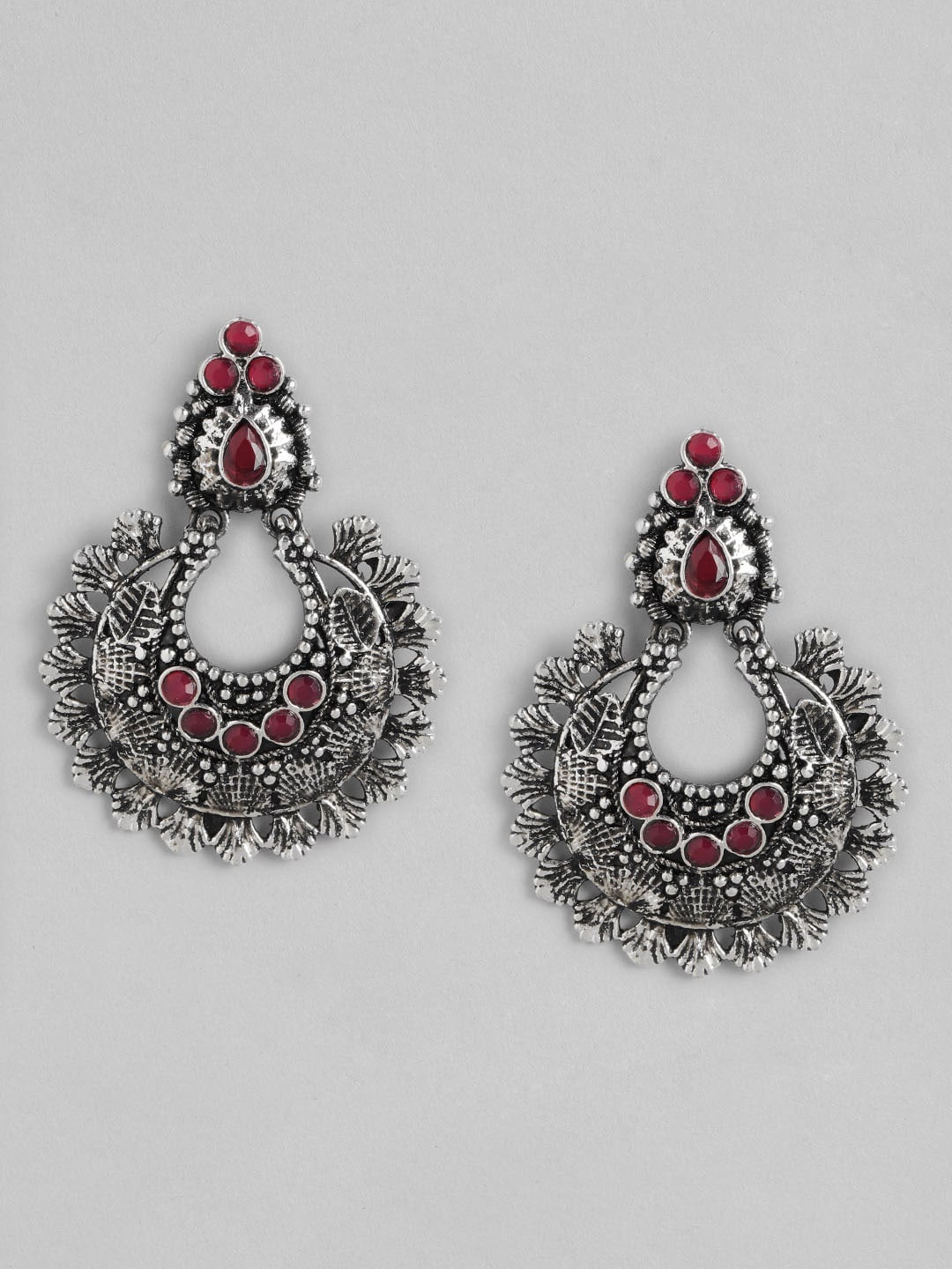 

Anouk Silver-Toned & Maroon Oxidised Stone Studded Crescent Shaped Chandbalis Earrings