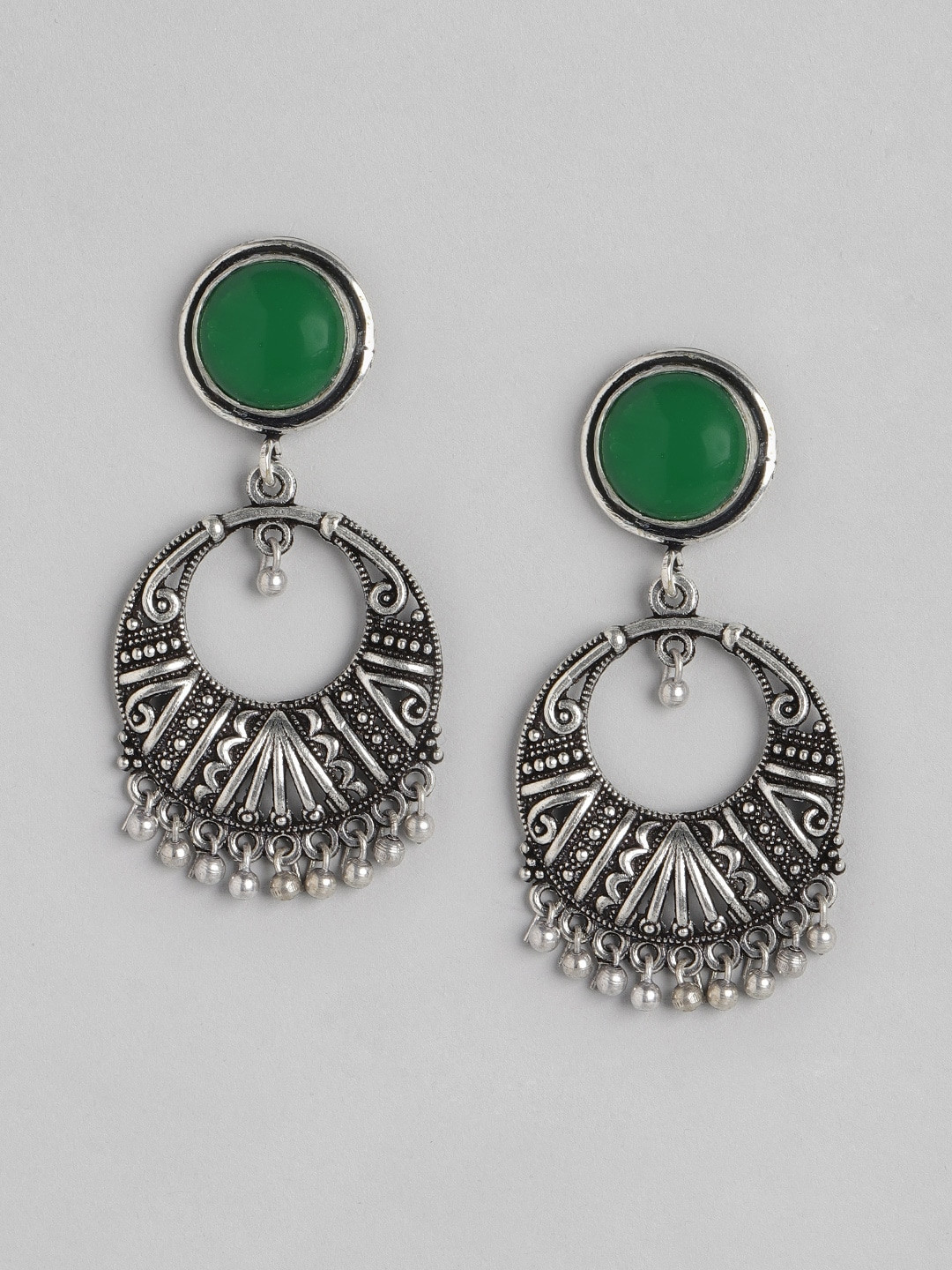 

Anouk Green & Silver-Toned Oxidised Stone-Studded Circular Drop Earrings