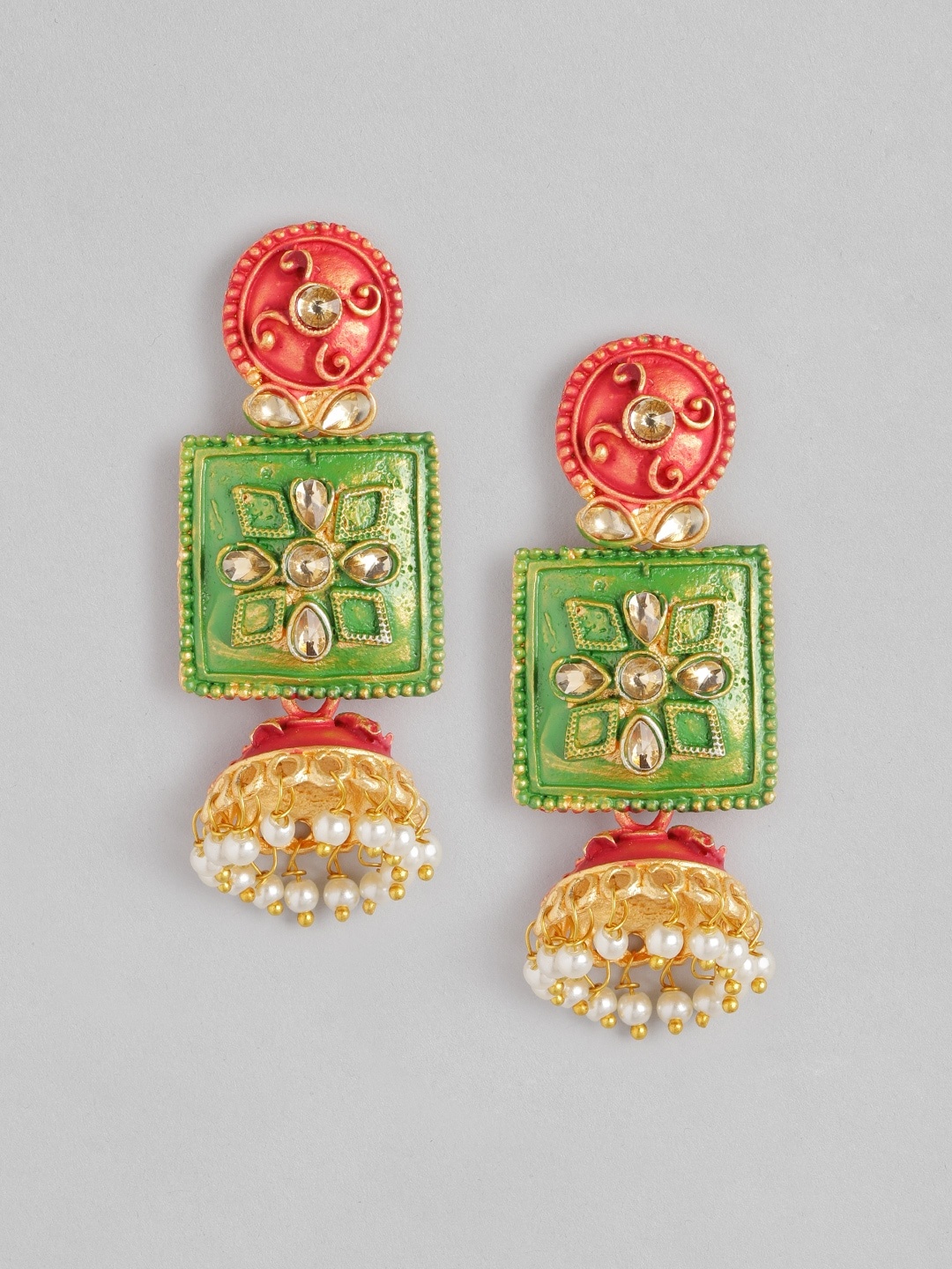 

Anouk Green & Orange Geometric Stone Studded & Beaded Jhumkas