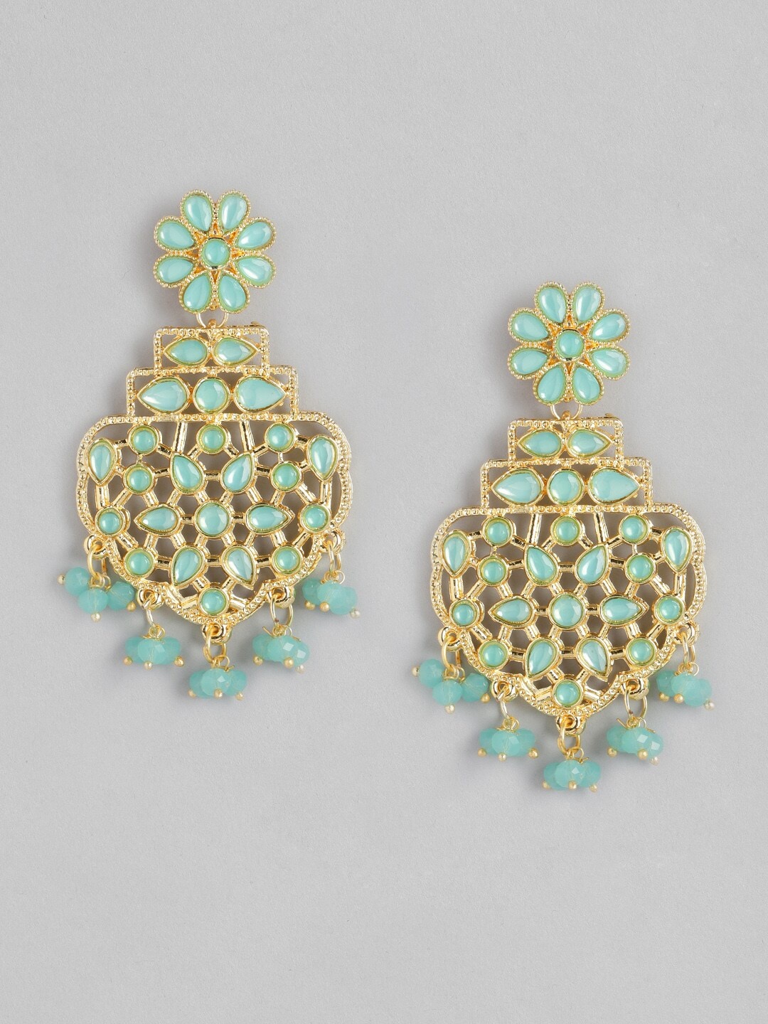 

Anouk Gold-Toned & Sea Green Classic Stone Studded & Beaded Drop Earrings