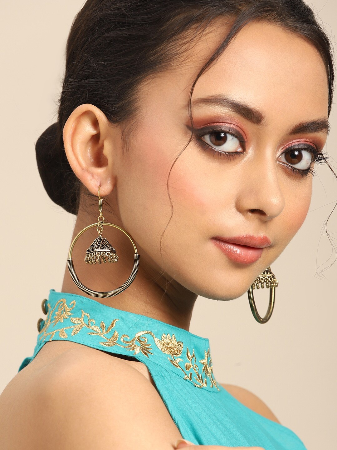 

Anouk Antique Gold-Toned Circular Jhumkas Earrings
