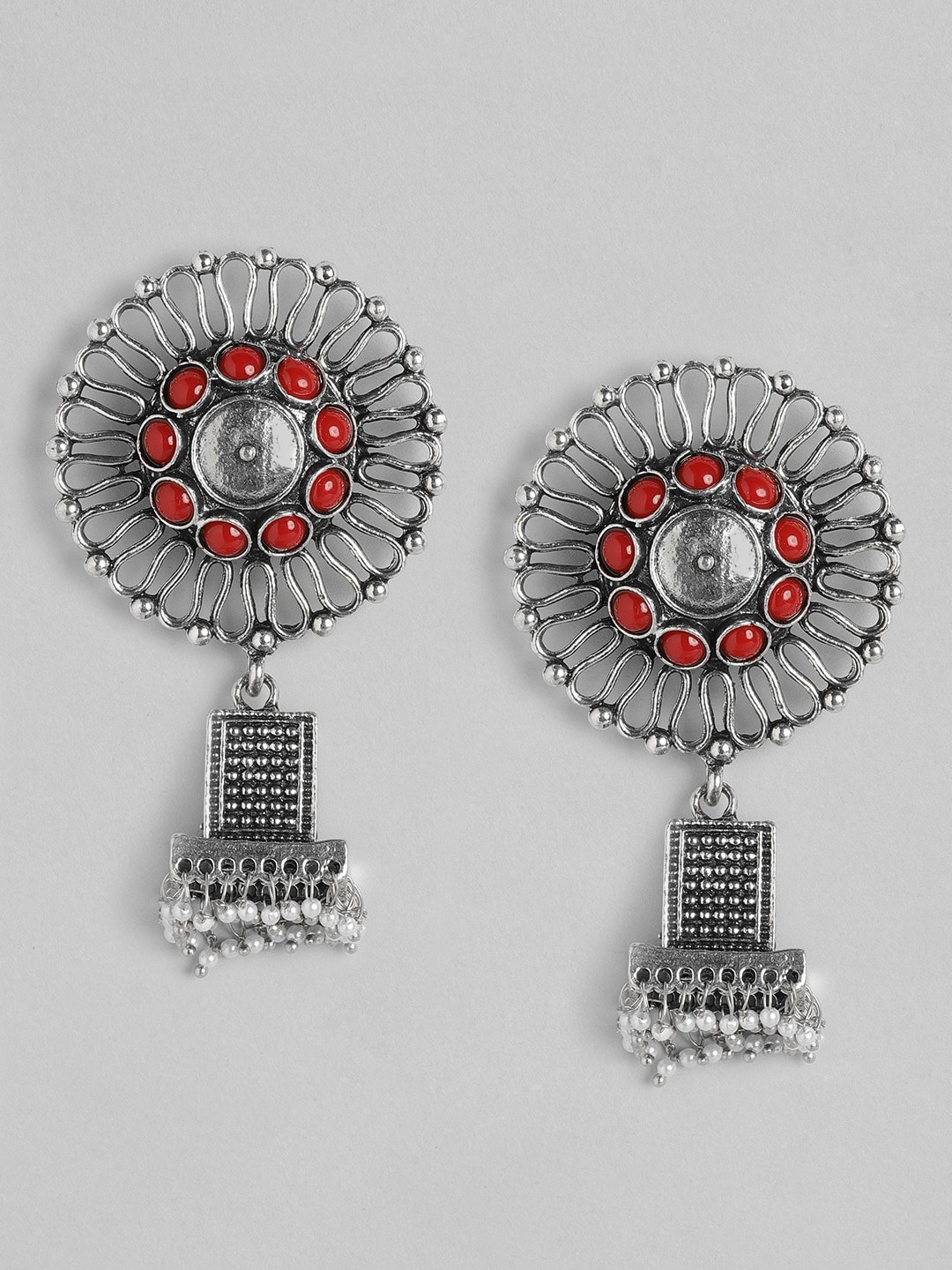 

Anouk Red & Silver-Toned Oxidised Stone-Studded & Beaded Geometric Jhumkas