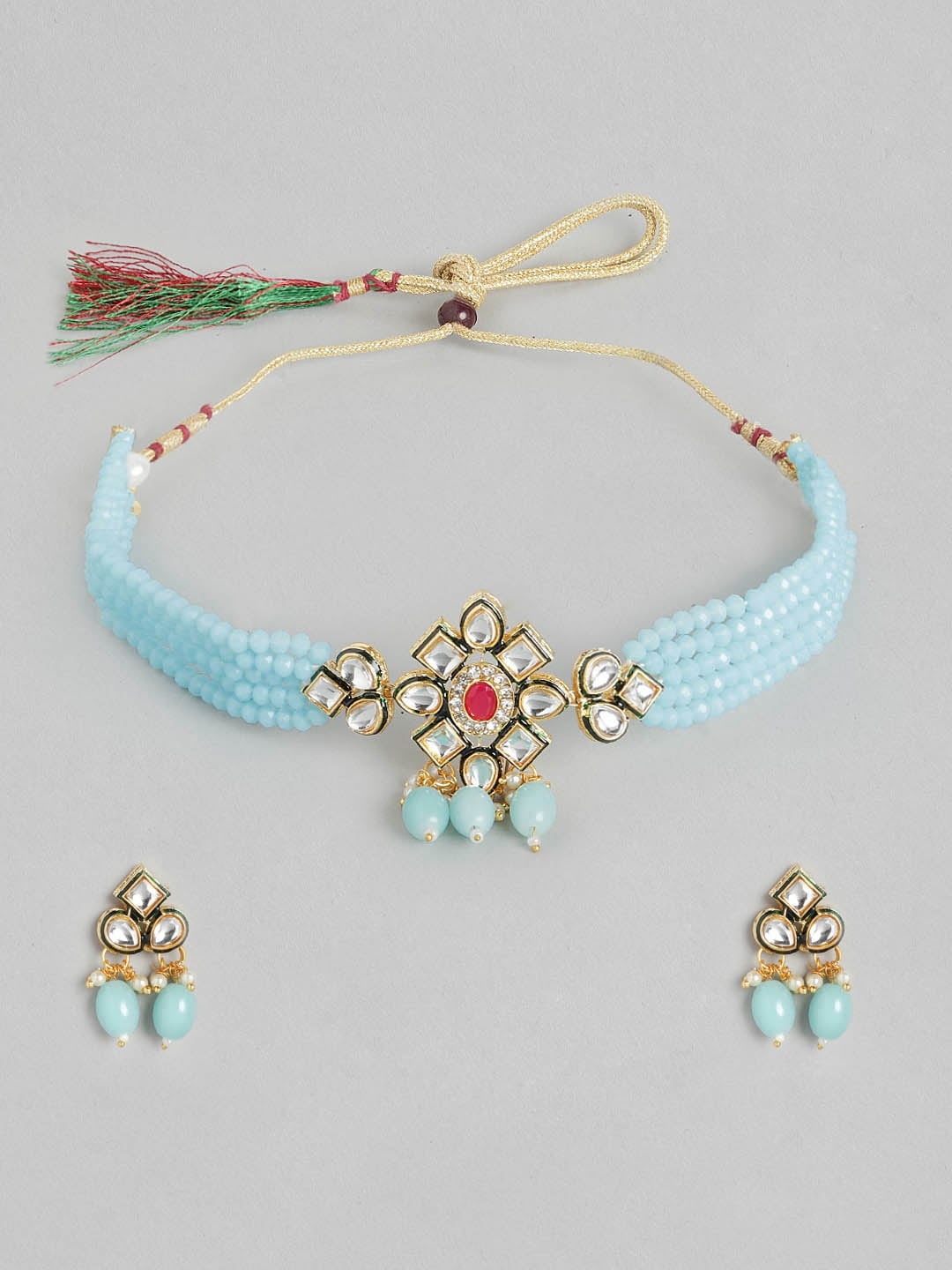 

Anouk Blue& Gold-Toned Stone Kundan Studded & Beaded Jewellery Set