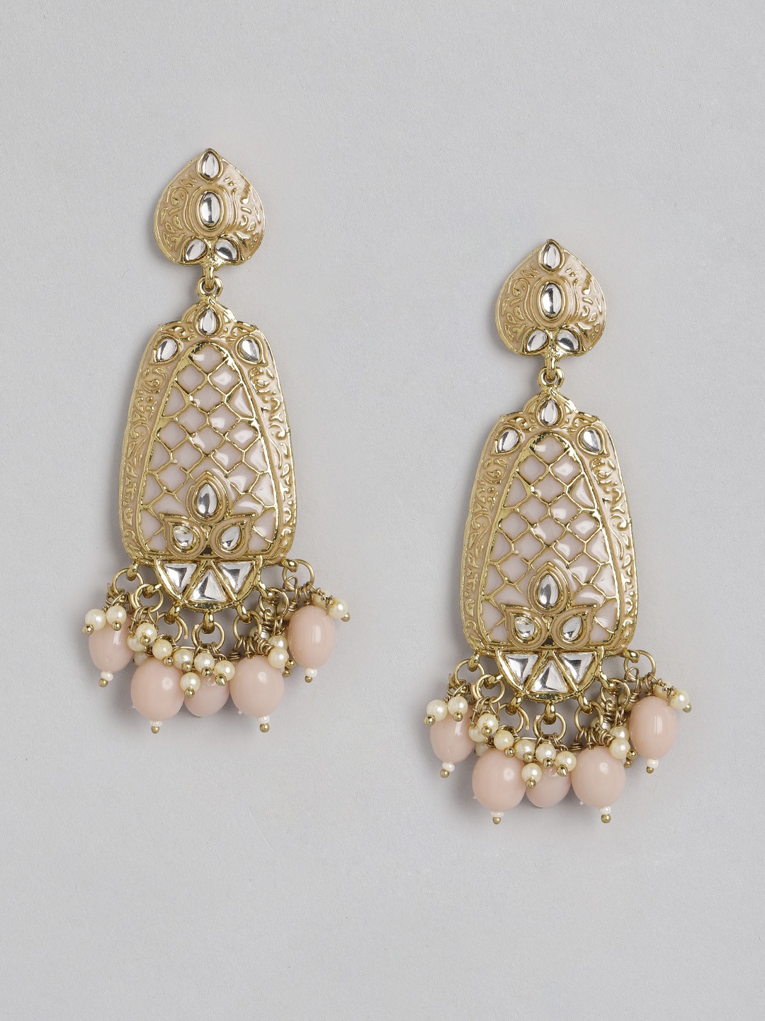 

Anouk Gold-Toned & Beige Stone Studded & Beaded Classic Drop Earrings