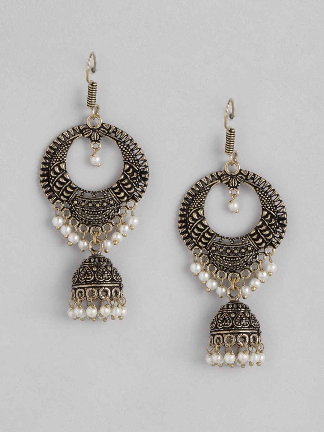 

Anouk Antique Gold-Toned & White Textured Beaded Dome Shaped Jhumkas