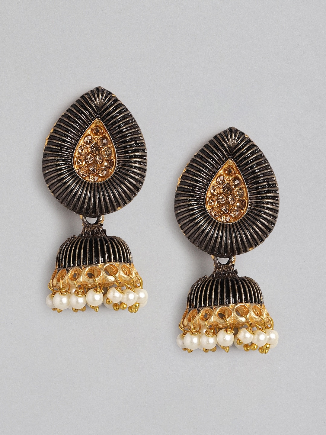

Anouk Gold-Toned & Black Stone Studded & Beaded Enamelled Dome Shaped Jhumkas