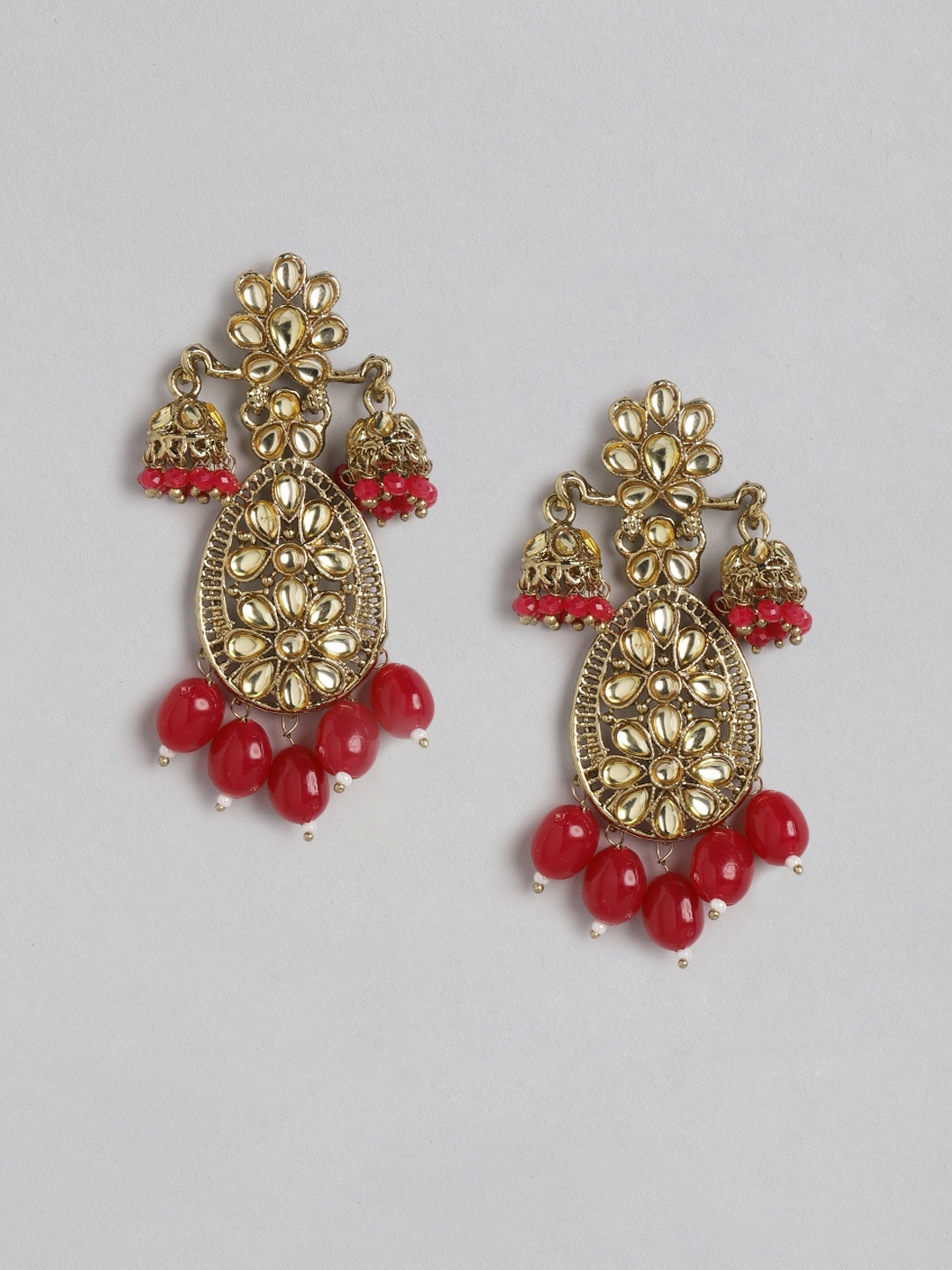 

Anouk Gold-Toned & Maroon Stone Studded & Beaded Teardrop Shaped Drop Earrings