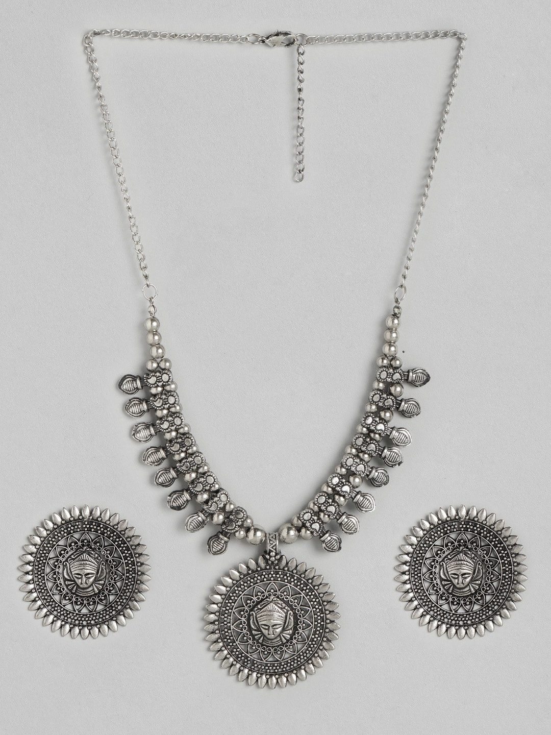 

Anouk Silver-Toned Goddess Durga Studded Oxidised Jewellery Set