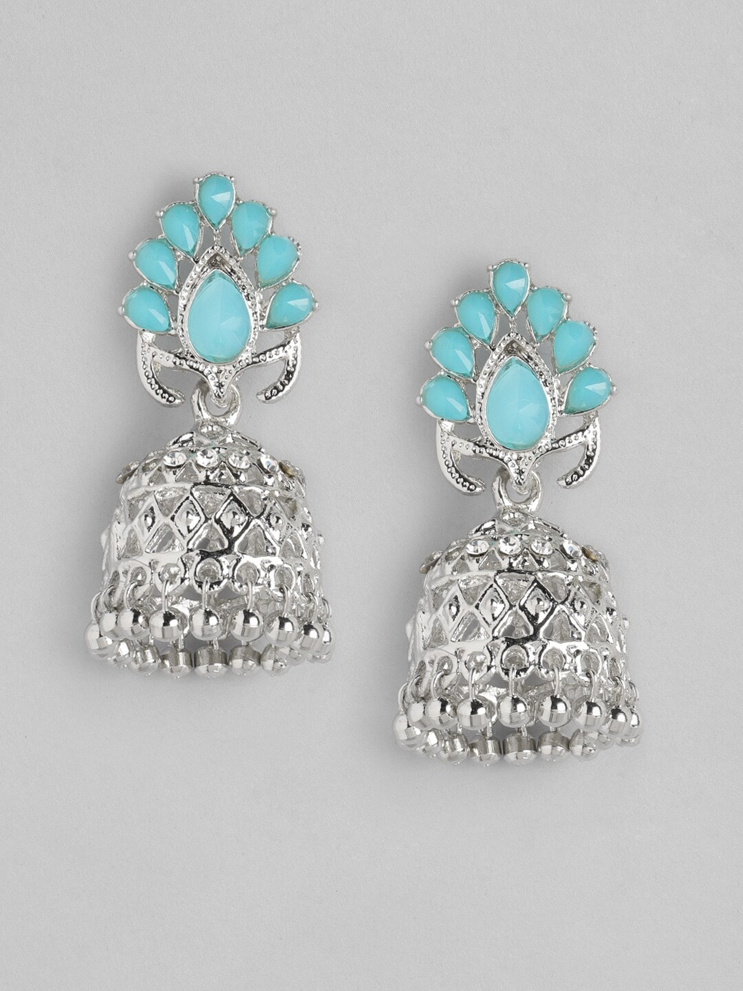 

Anouk Silver-Toned & Blue Stone-Studded Dome Shaped Jhumkas