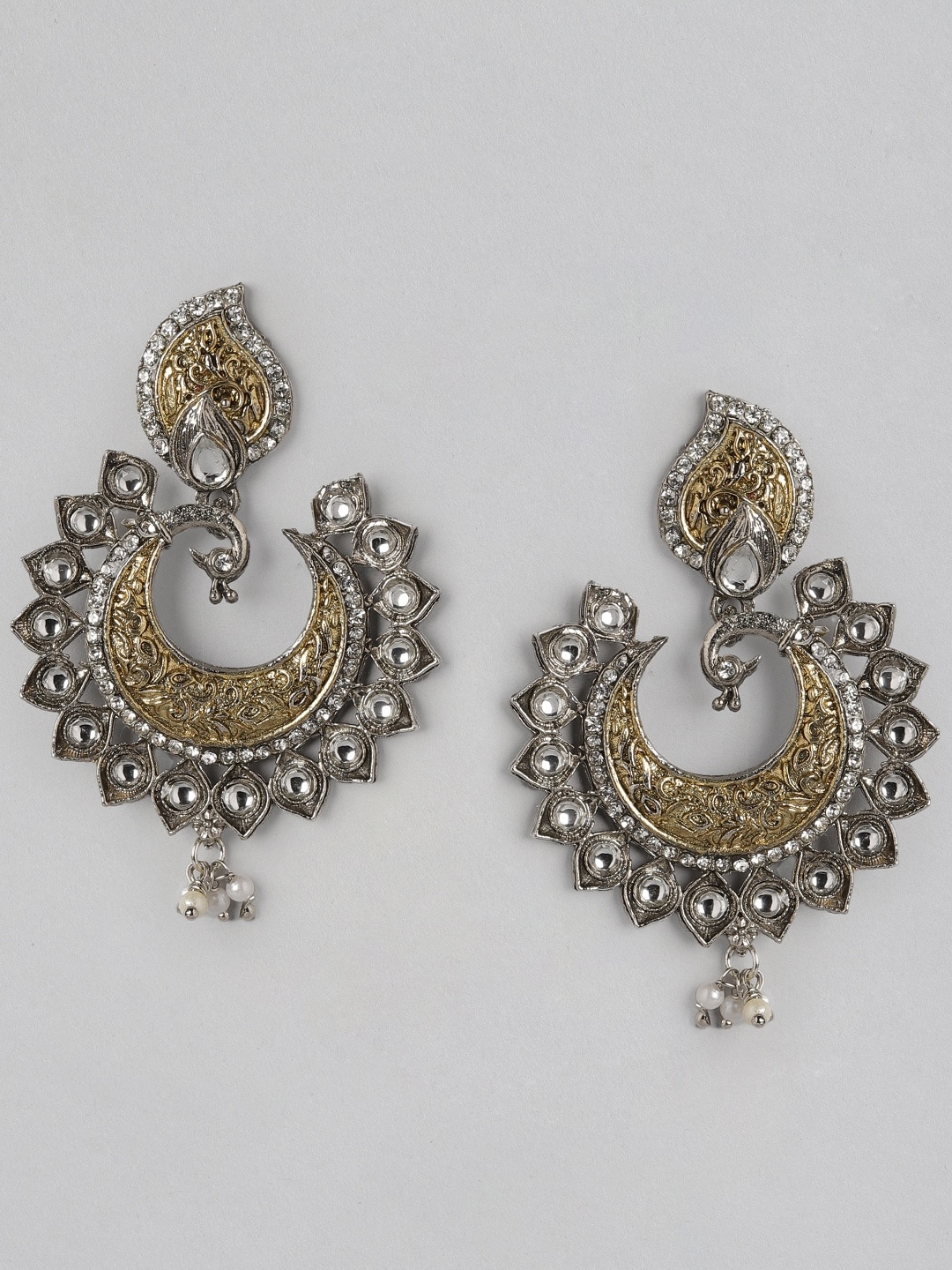 

Anouk Gold-Toned & Silver-Toned Oxidised Stone Studded & Beaded Peacock Shaped Chandbalis