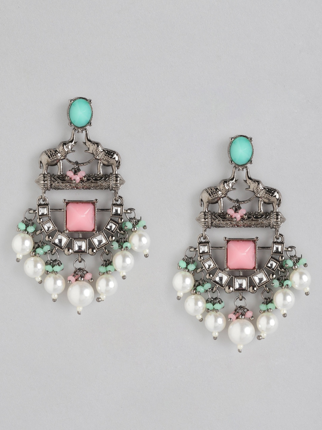 

Anouk Oxidised Silver-Toned & Green Stone Studded & Beaded Classic Drop Earrings