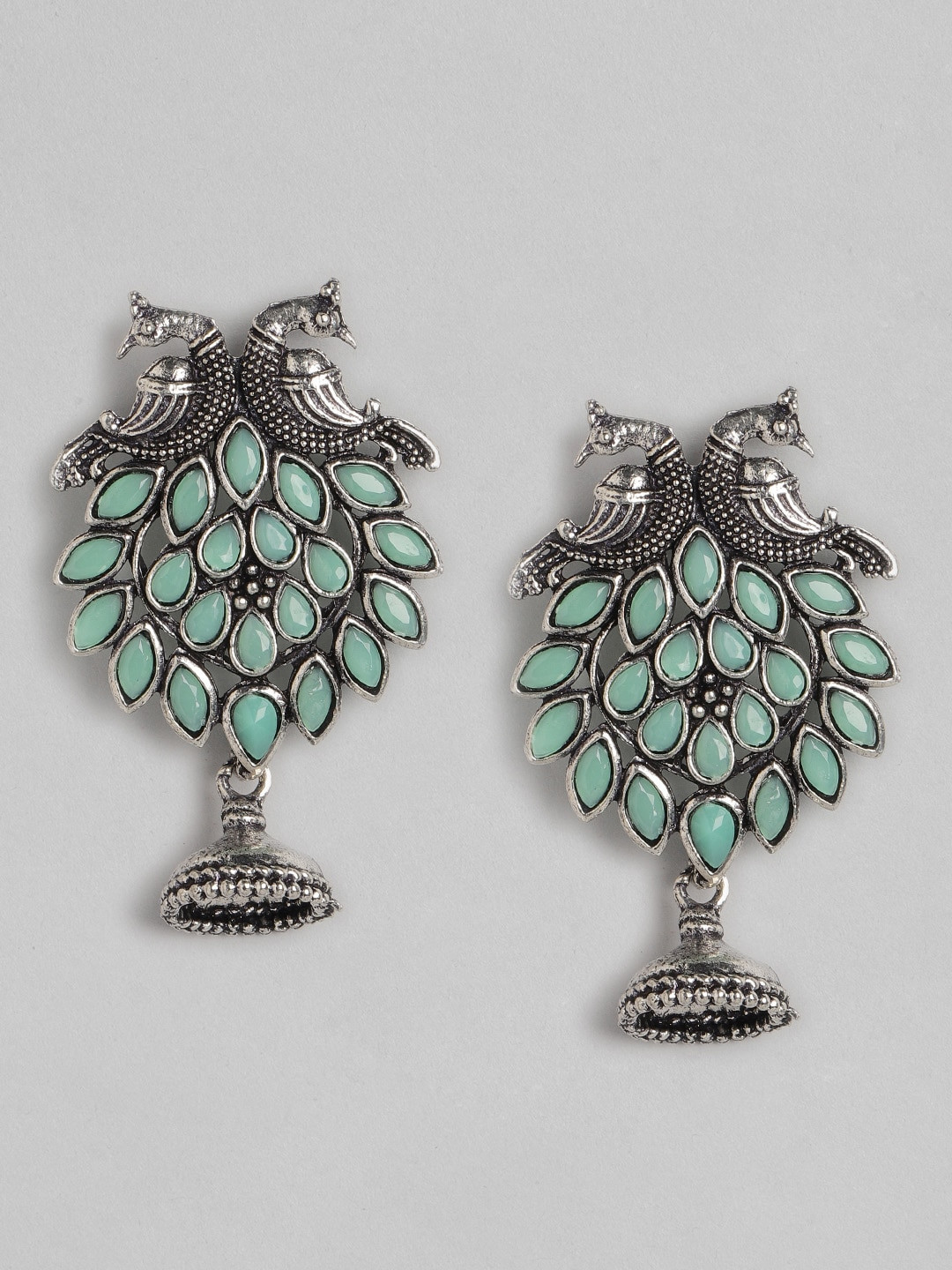 

Anouk Oxidised Silver-Toned & Green Stone Studded Peacock Shaped Drop Earrings
