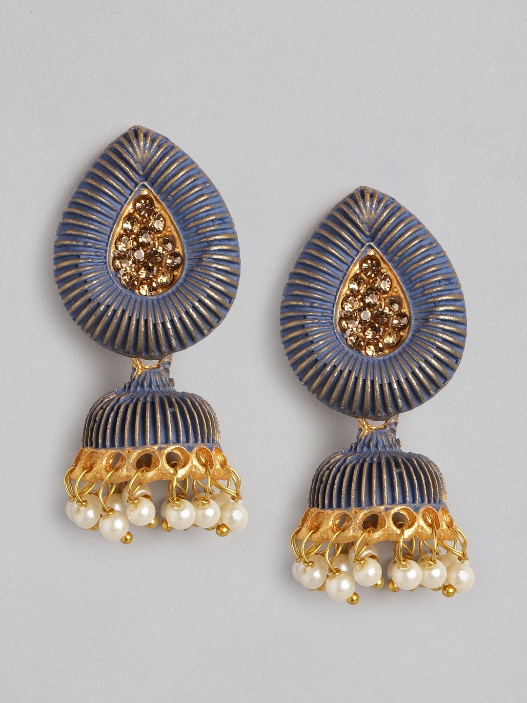 

Anouk Navy Blue & Gold-Toned Stone Studded & Beaded Dome Shaped Jhumkas