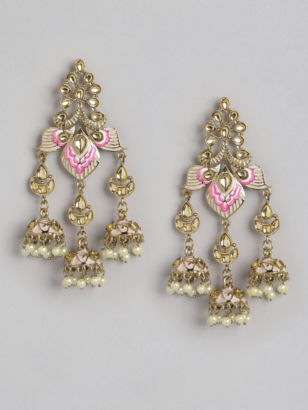 

Anouk Gold-Toned & Pink Enameled Stone Studded & Beaded Floral Jhumkas