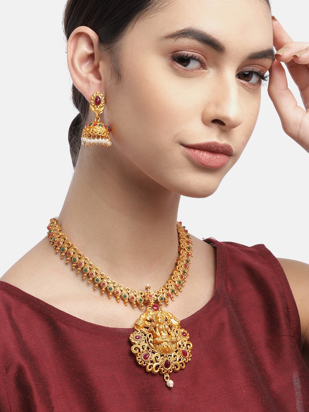 

Anouk Women Gold-Toned & Pink Goddess Laxmi Stone Studded & Beaded Temple Necklace