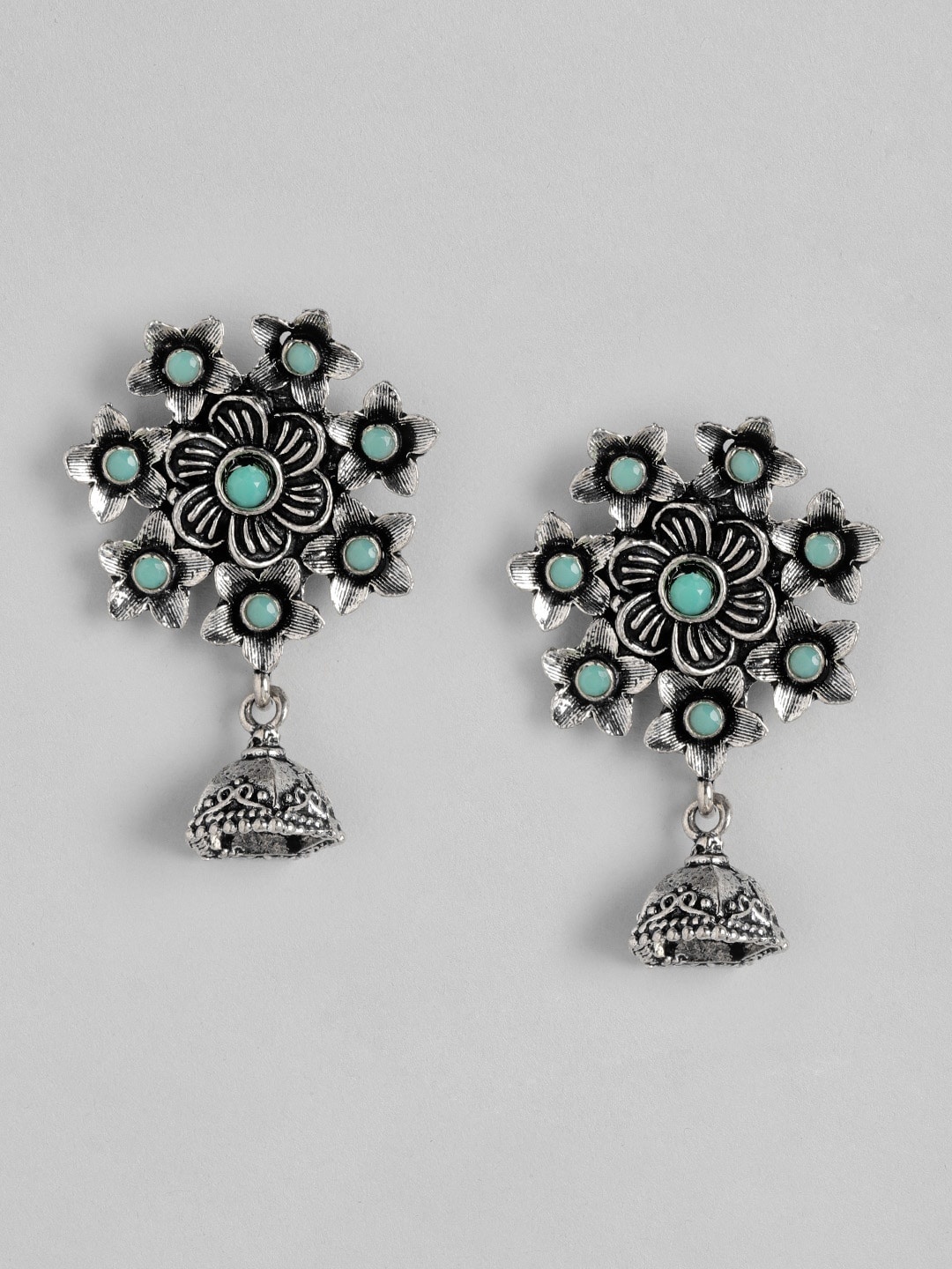

Anouk Oxidised Silver-Toned & Green Stone-Studded Floral Drop Earrings