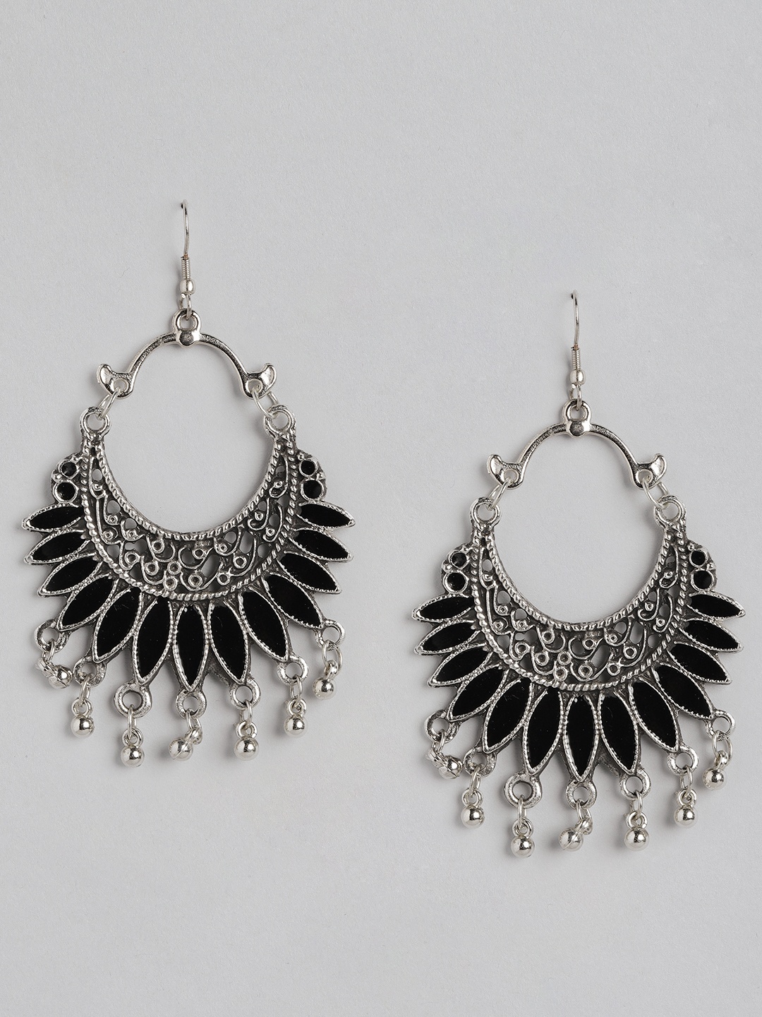 

Anouk Oxidised Silver-Toned & Black Enamelled Crescent Shaped Chandbalis