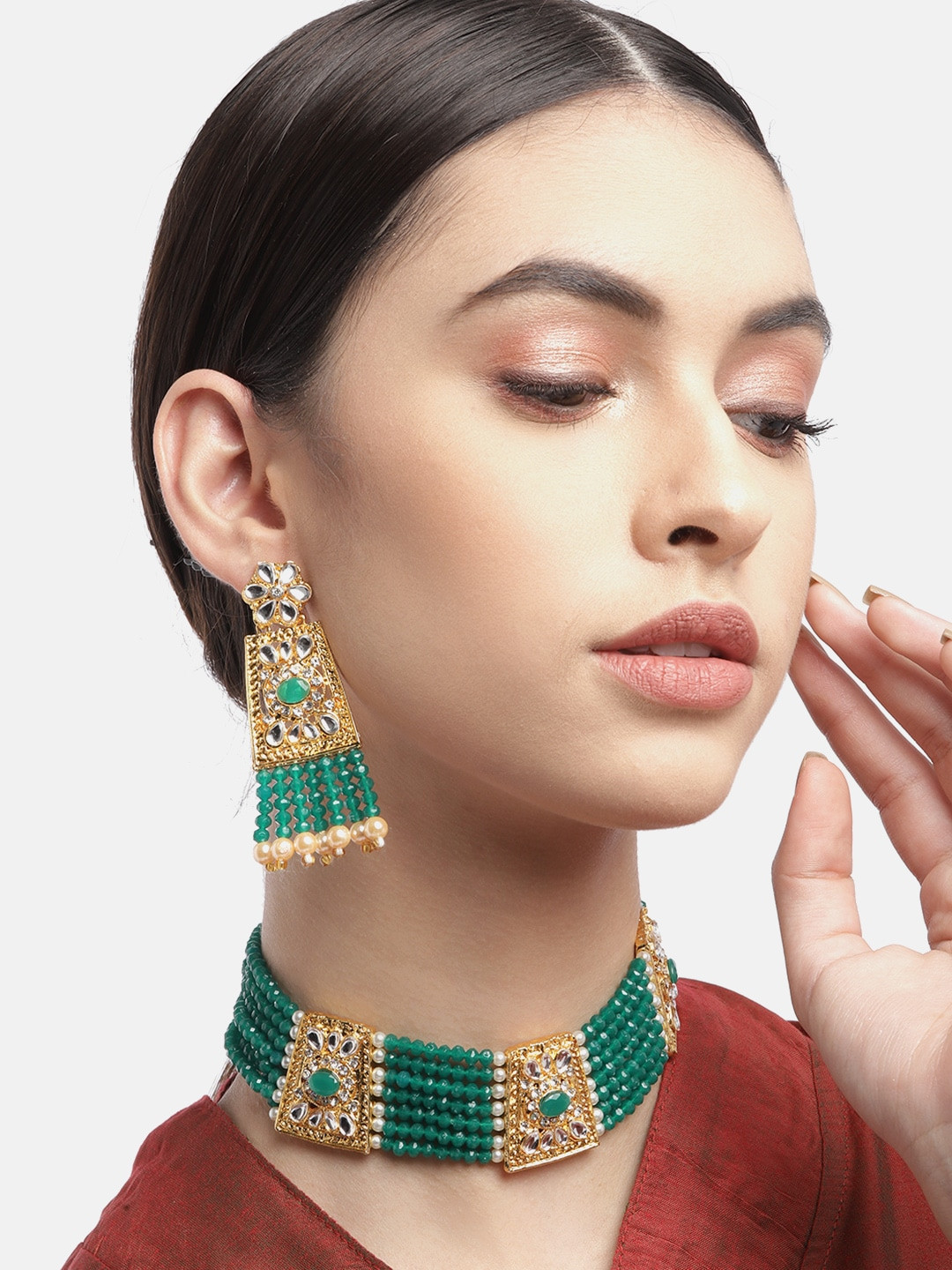 

Anouk Green & Gold-Toned Stone Studded & Beaded Jewellery Set