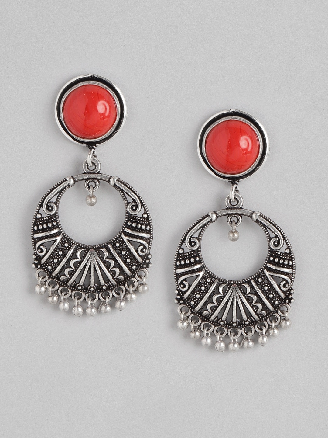 

Anouk Oxidised Silver-Toned & Red Textured Stone-Studded Crescent Shaped Chandbalis