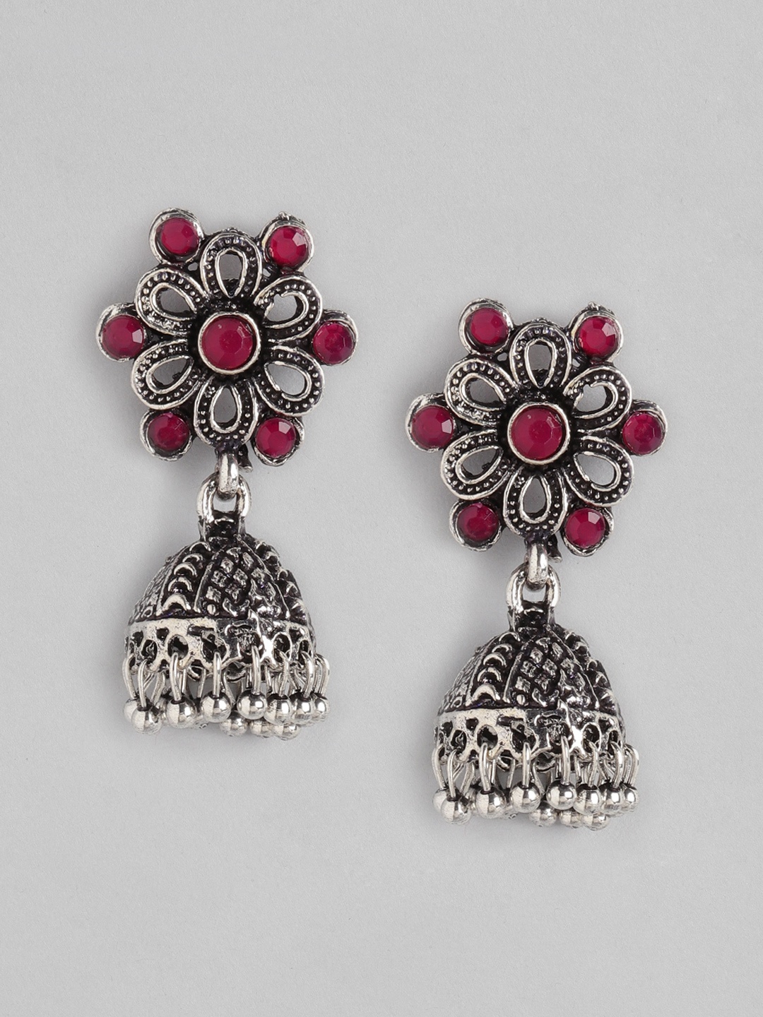 

Anouk Oxidised Silver-Toned & Magenta Textured Stone-Studded Dome Shaped Jhumkas