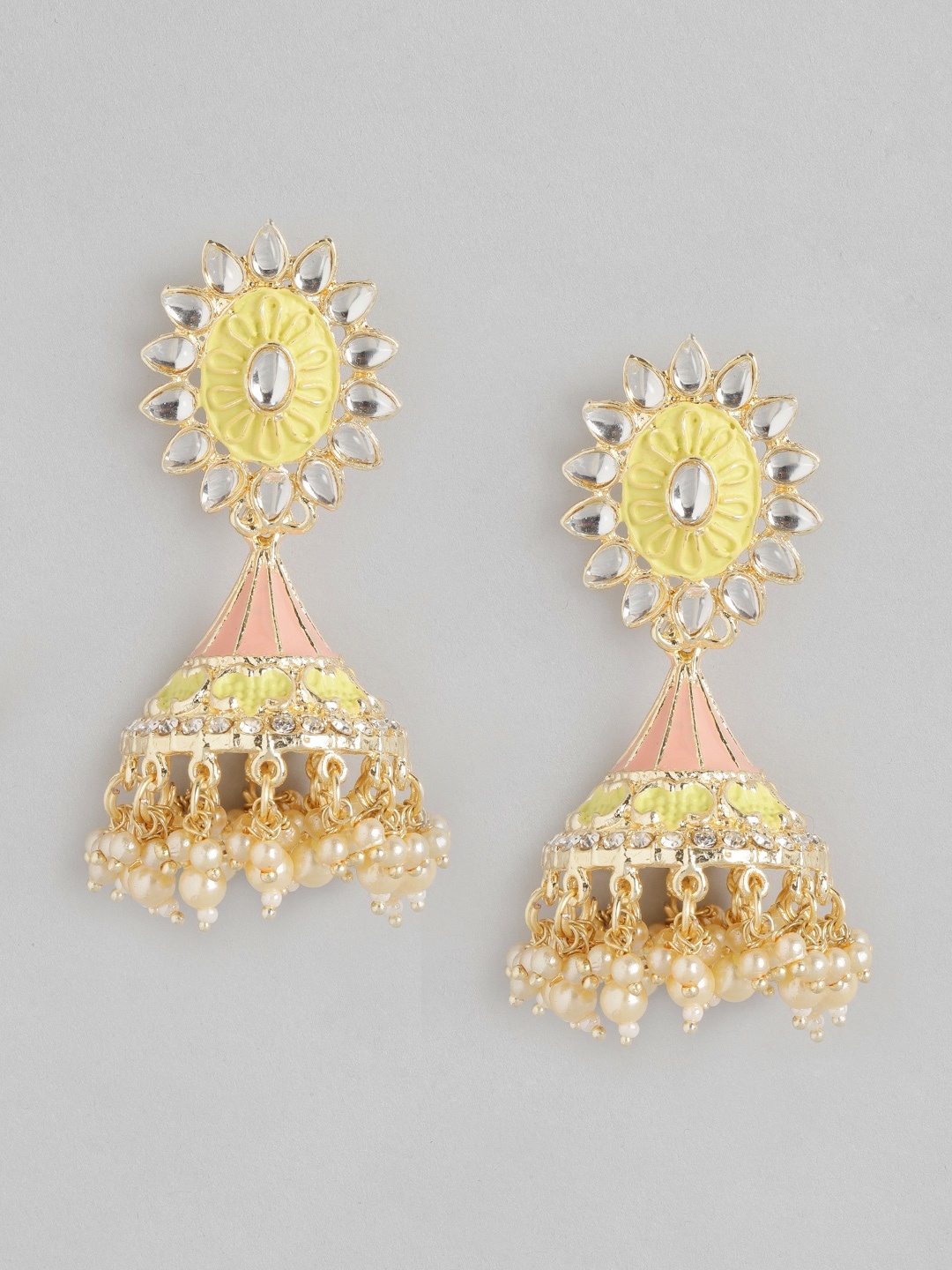 

Anouk Yellow & Pink Enamelled Stone-Studded & Beaded Triangular Jhumkas