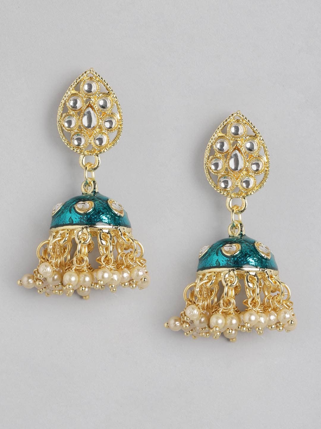 

Anouk Teal Blue & Gold-Toned Enamelled Stone Studded & Beaded Leaf Shaped Jhumkas