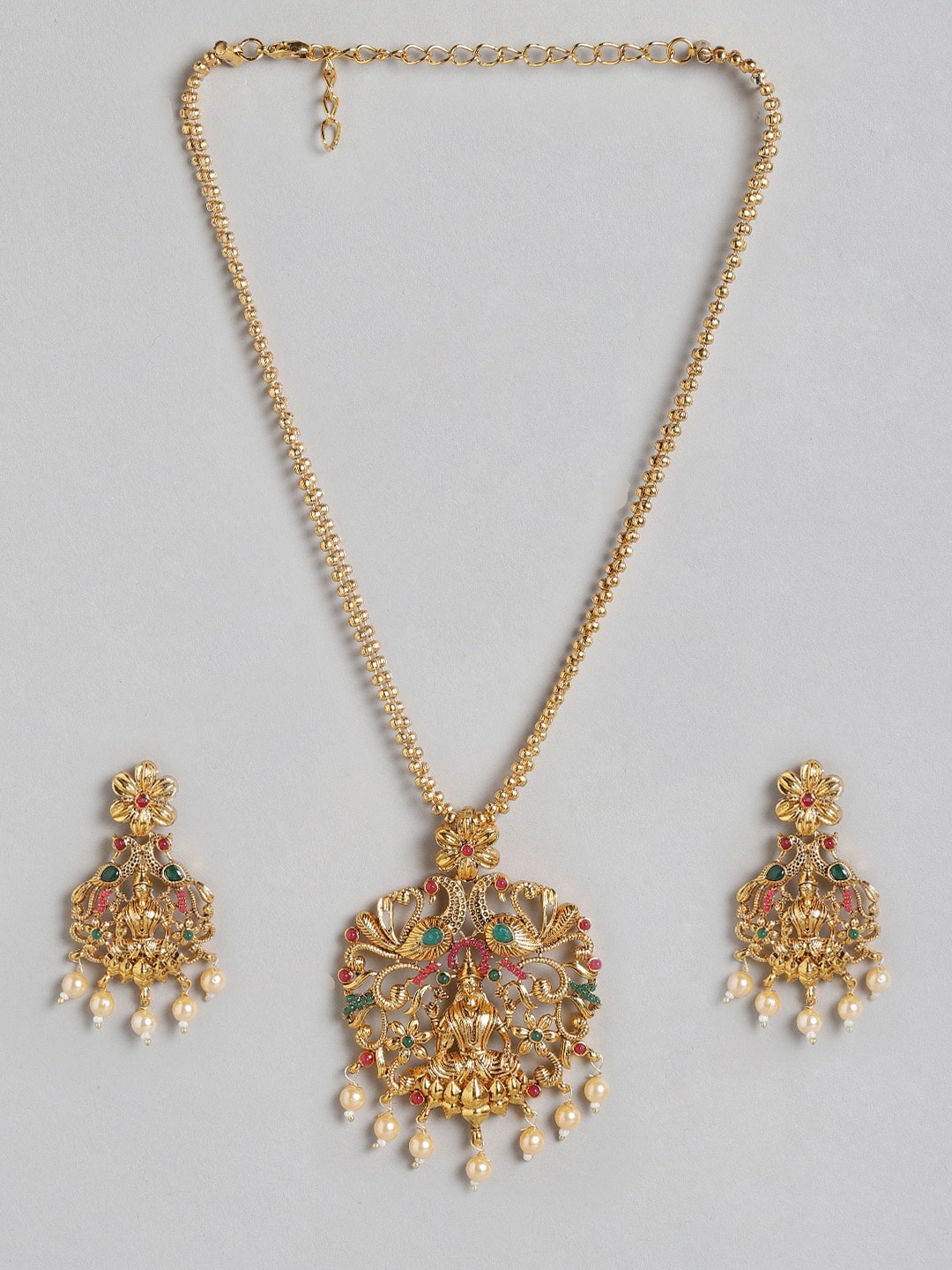 

Anouk Women Gold-Toned & Green Goddess Laxmi Stone Studded & Beaded Temple Necklace