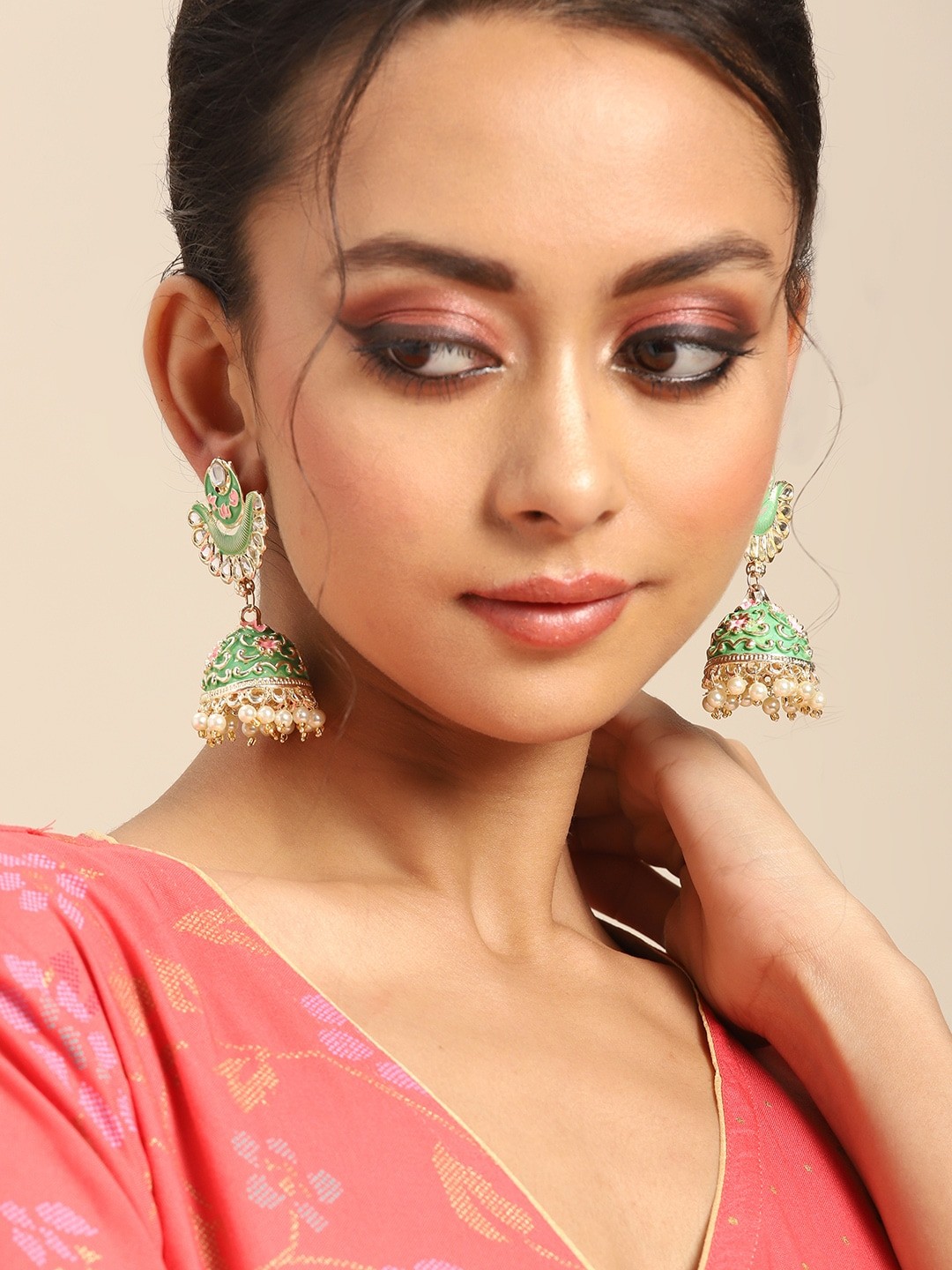 

Anouk Green & Pink Stone Studded & Beaded Dome Shaped Jhumkas Earrings
