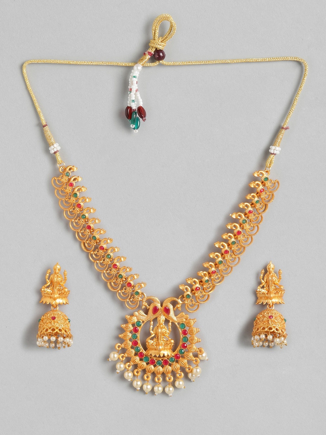 

Anouk Gold-Toned & Red Stone-Studded Beaded Temple Jewellery Set