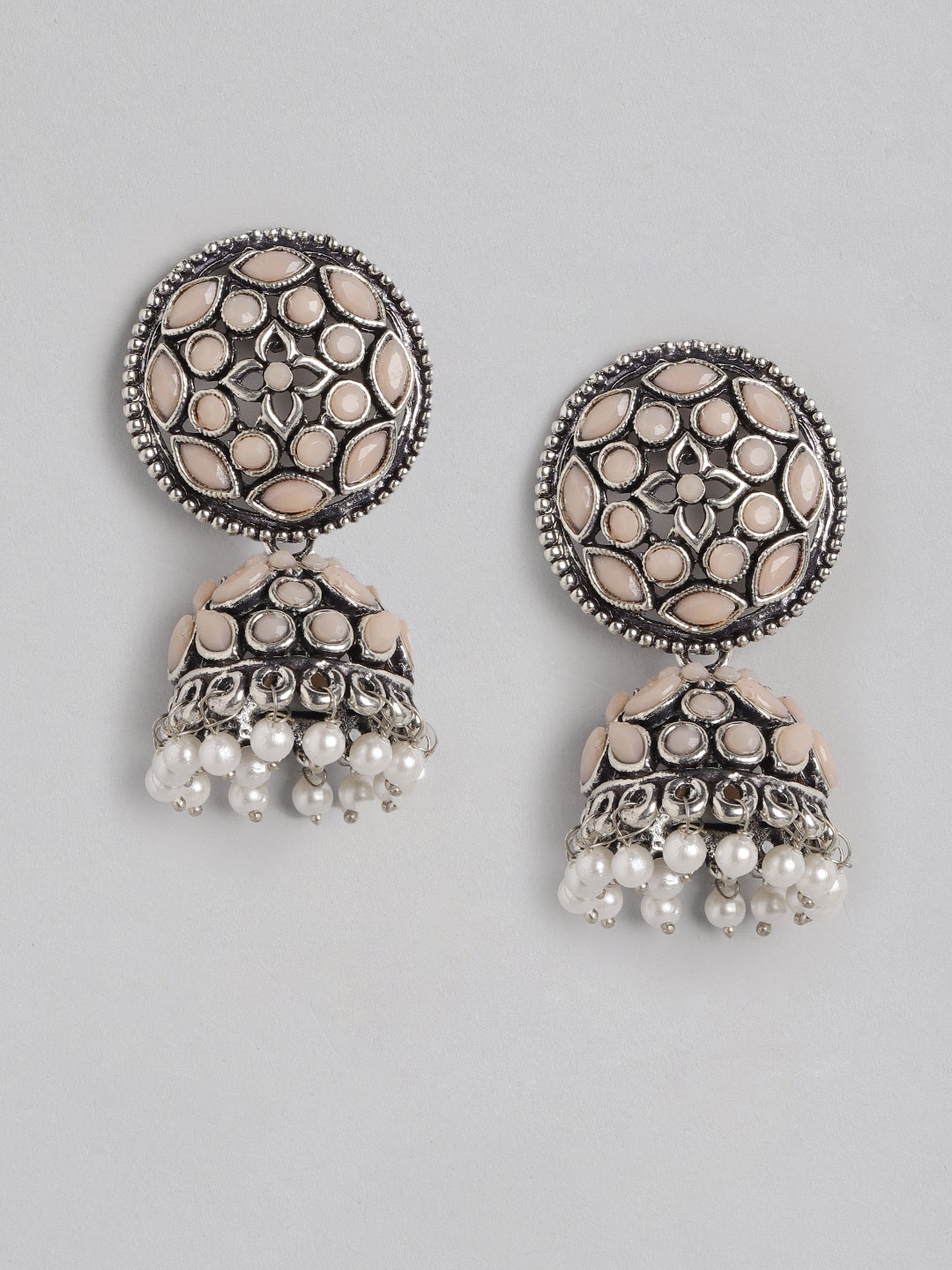 

Anouk Oxidised Silver-Toned & Pink Stone Studded & Beaded Dome Shaped Jhumkas