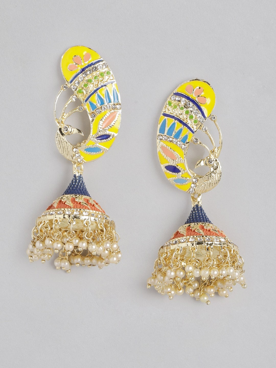 

Anouk Yellow & Blue Peacock Shaped Enamelled Stone Studded & Beaded Jhumkas