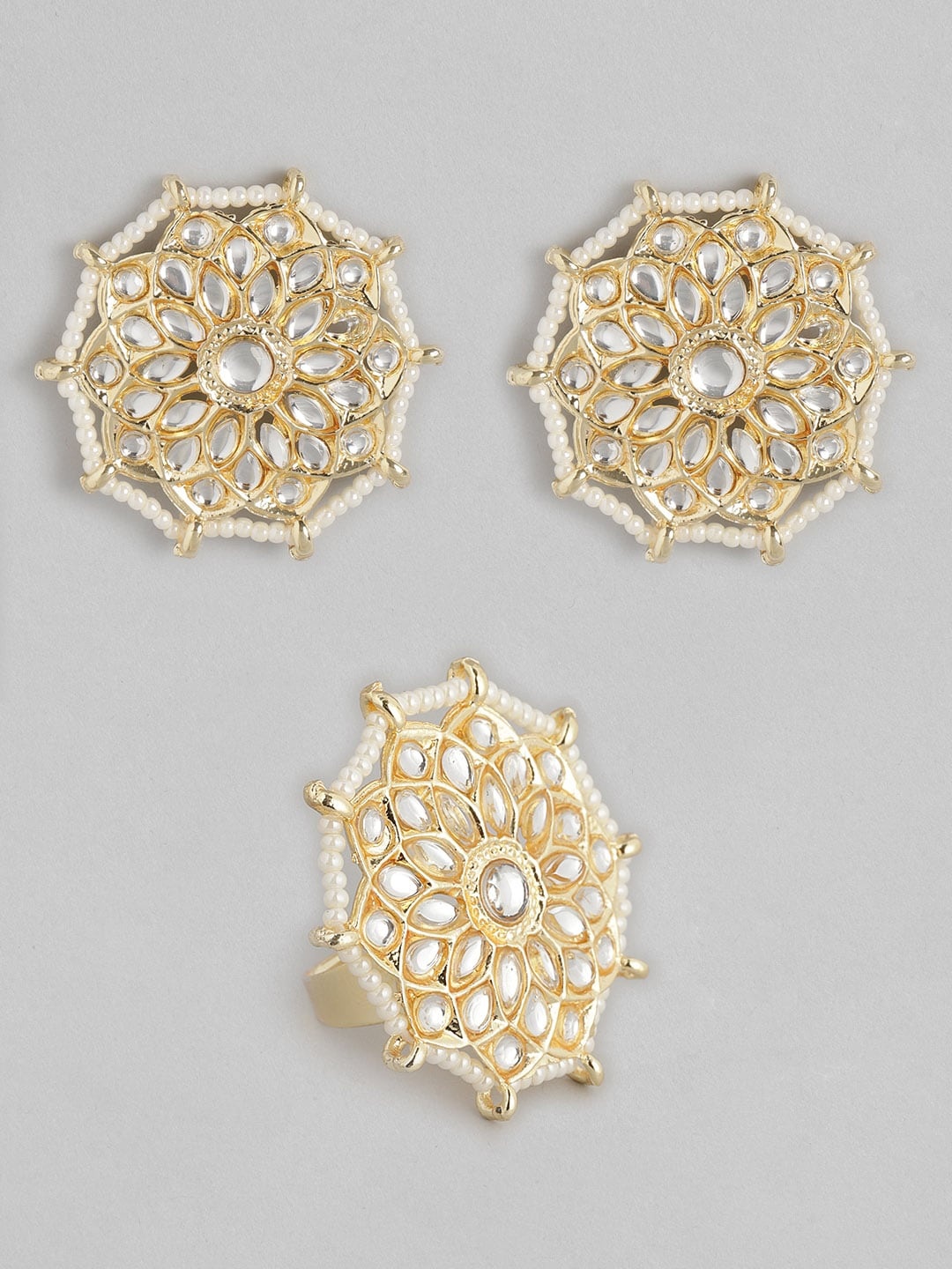 

Anouk White & Gold-Toned Kundan-Studded & Beaded Circular Studs & Adjustable Finger Ring