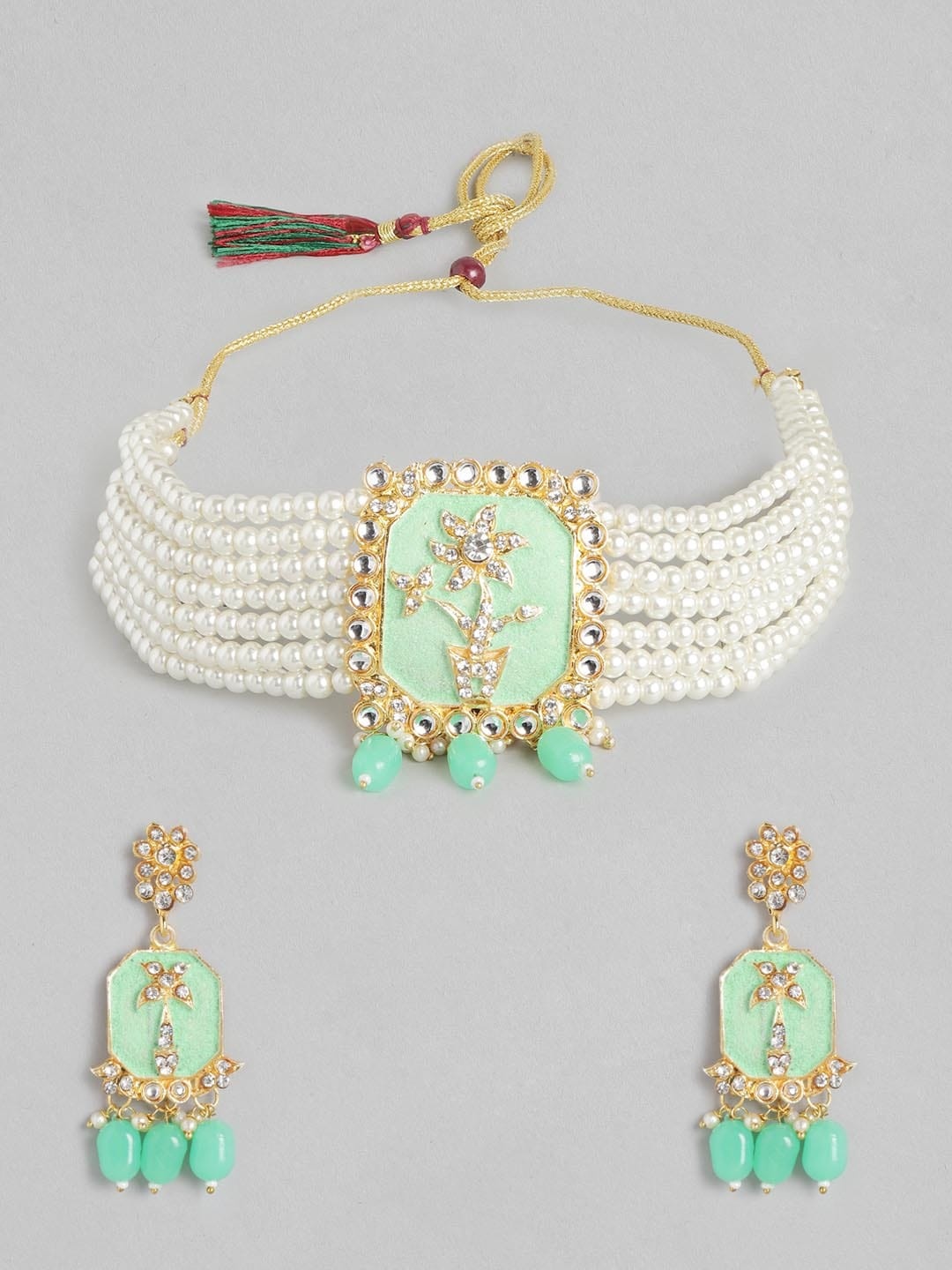 

Anouk White & Lime Green Floral Design Stone Studded & Beaded Jewellery Set