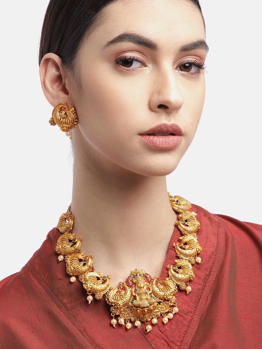 

Anouk Women Gold-Toned & Pink Goddess Laxmi Stone Studded & Beaded Temple Necklace
