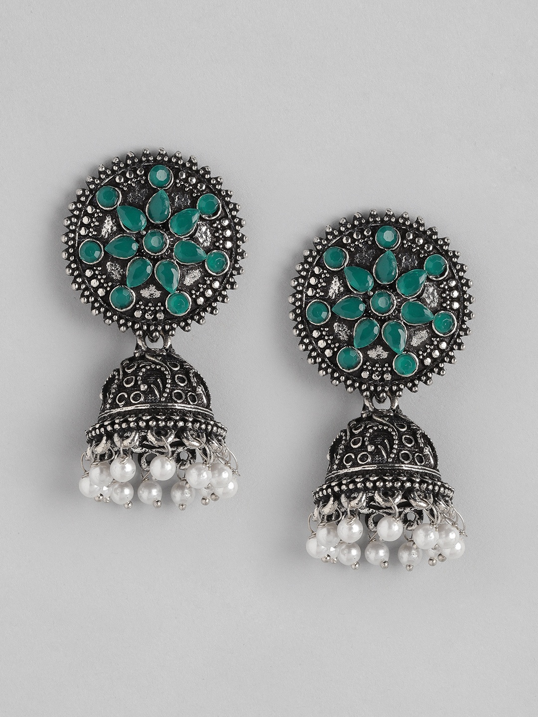 

Anouk Green & Silver-Toned Oxidised Stone-Studded & Beaded Dome Shaped Jhumkas