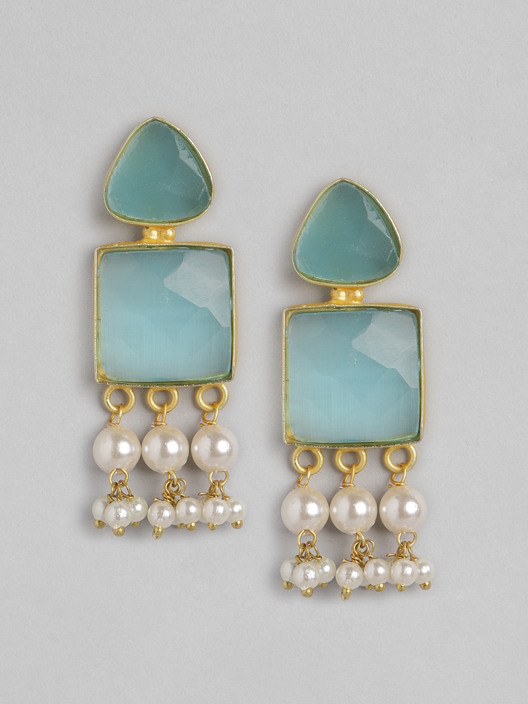 

Anouk Gold-Toned & Blue Stone Studded & Beaded Geometric Drop Earrings