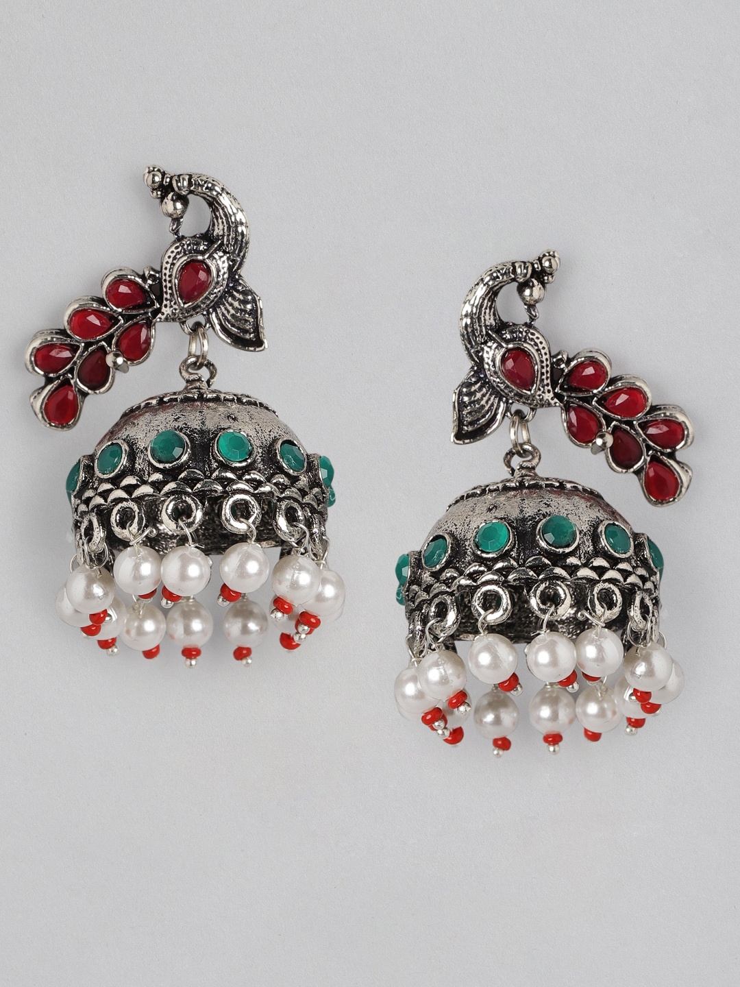 

Anouk Oxidised Silver-Toned & Pink Stone Studded & Beaded Dome Shaped Jhumkas