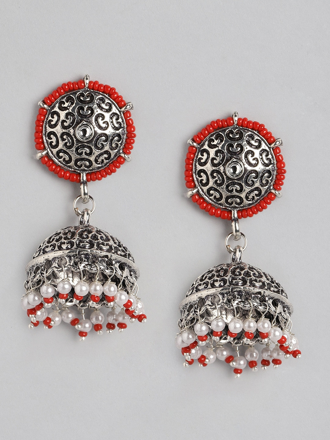 

Anouk Silver-Toned & Red Oxidised Beaded Dome Shaped Jhumkas