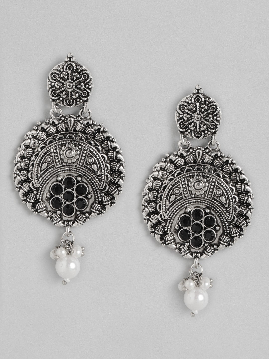 

Anouk Silver-Toned Oxidised Beaded Circular Drop Earrings