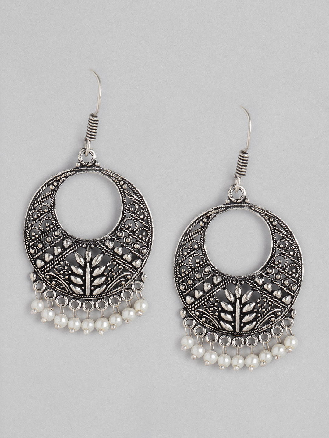 

Anouk Silver-Toned Oxidised Beaded Circular Drop Earrings
