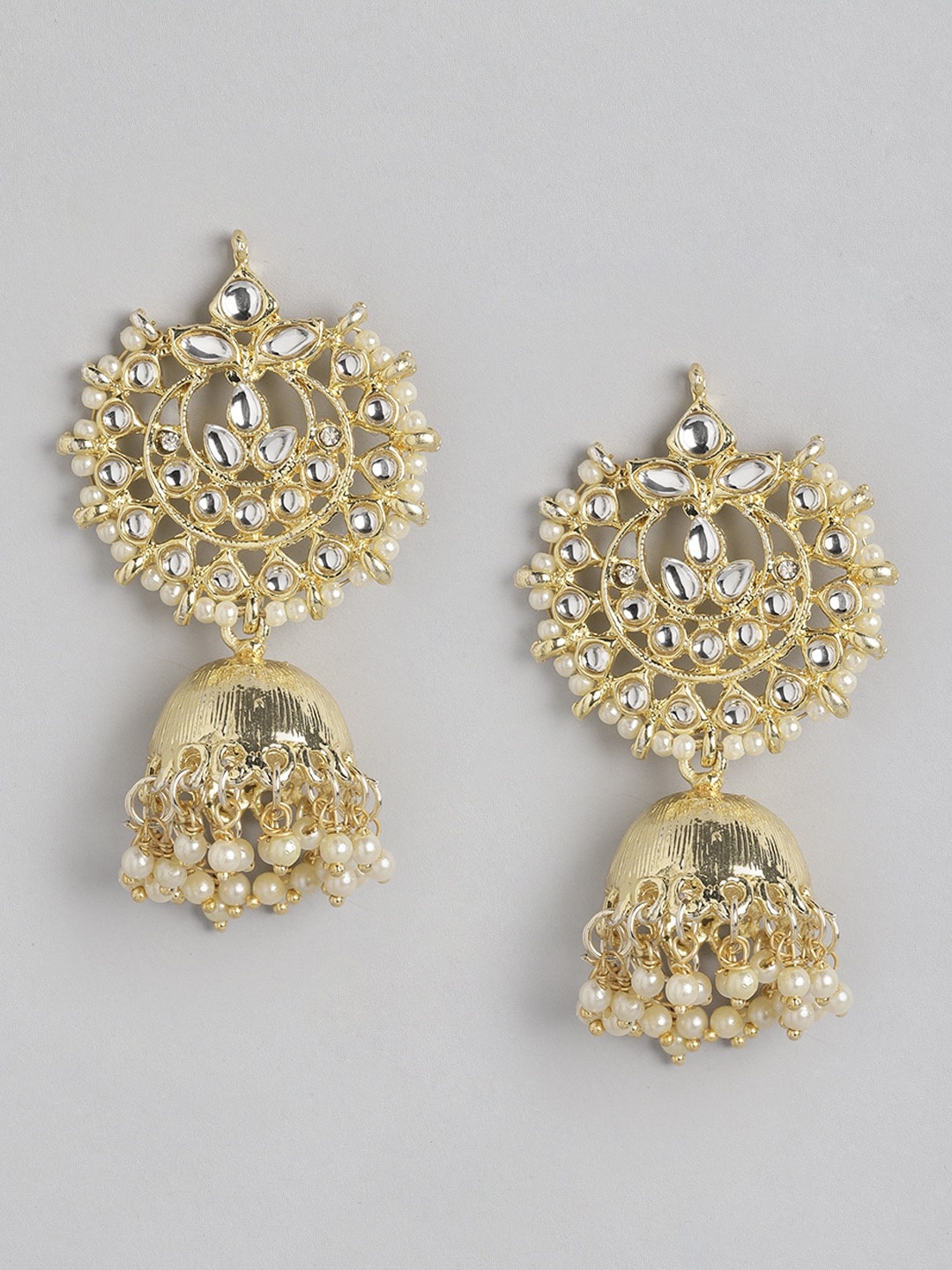 

Anouk Gold-Toned & Off White Kundan Studded & Beaded Crescent Shaped Jhumkas