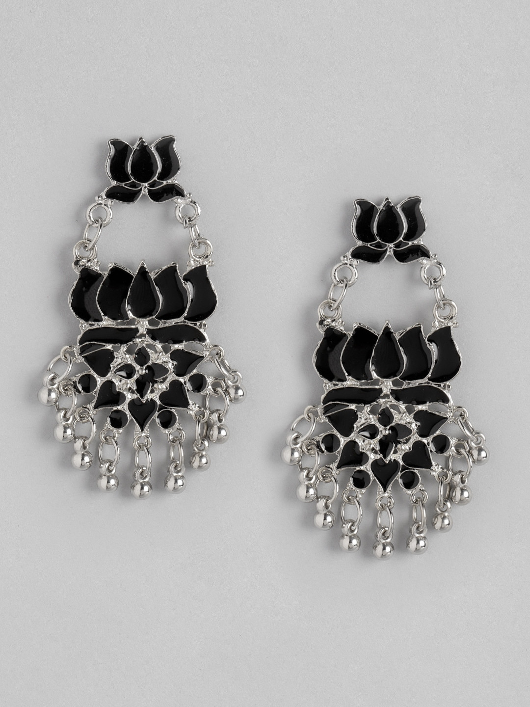 

Anouk Black & Silver-Toned Lotus Shaped Enameled Drop Earrings