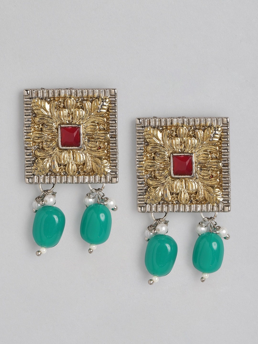 

Anouk Gold-Toned & Green Stone Studded & Beaded Square Drop Earrings