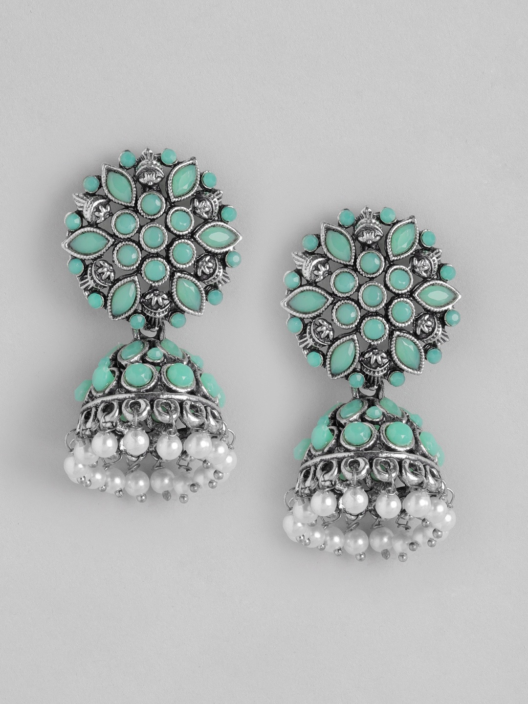 

Anouk Sea Green & Silver-Toned Oxidised Stone Studded & Beaded Dome Shaped Jhumkas
