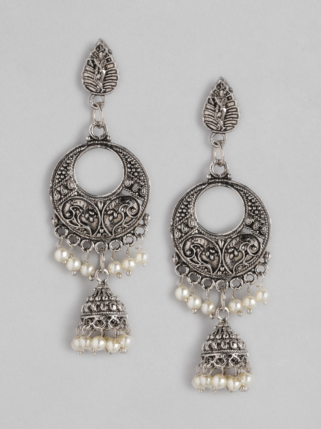 

Anouk Silver-Toned & Off White Oxidised Beaded Crescent Shaped Chandbalis