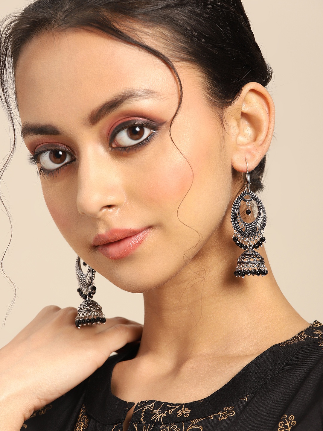 

Anouk Oxidised Silver-Toned Dome Shaped Drop Earrings