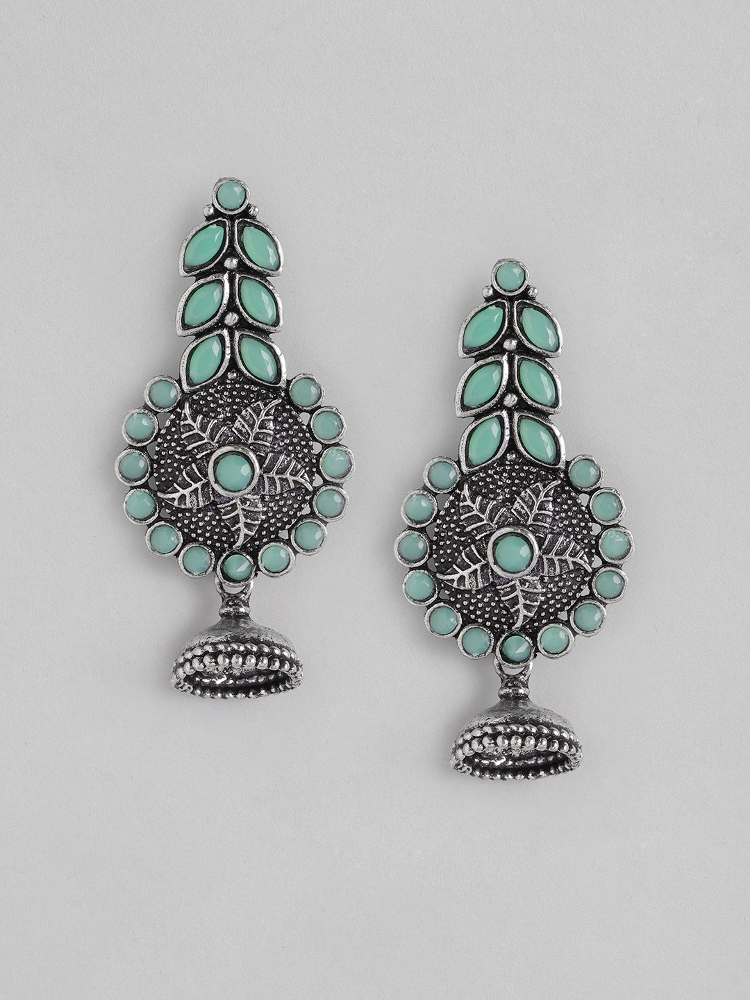 

Anouk Oxidised Silver-Toned & Green Stone Studded Classic Drop Earrings