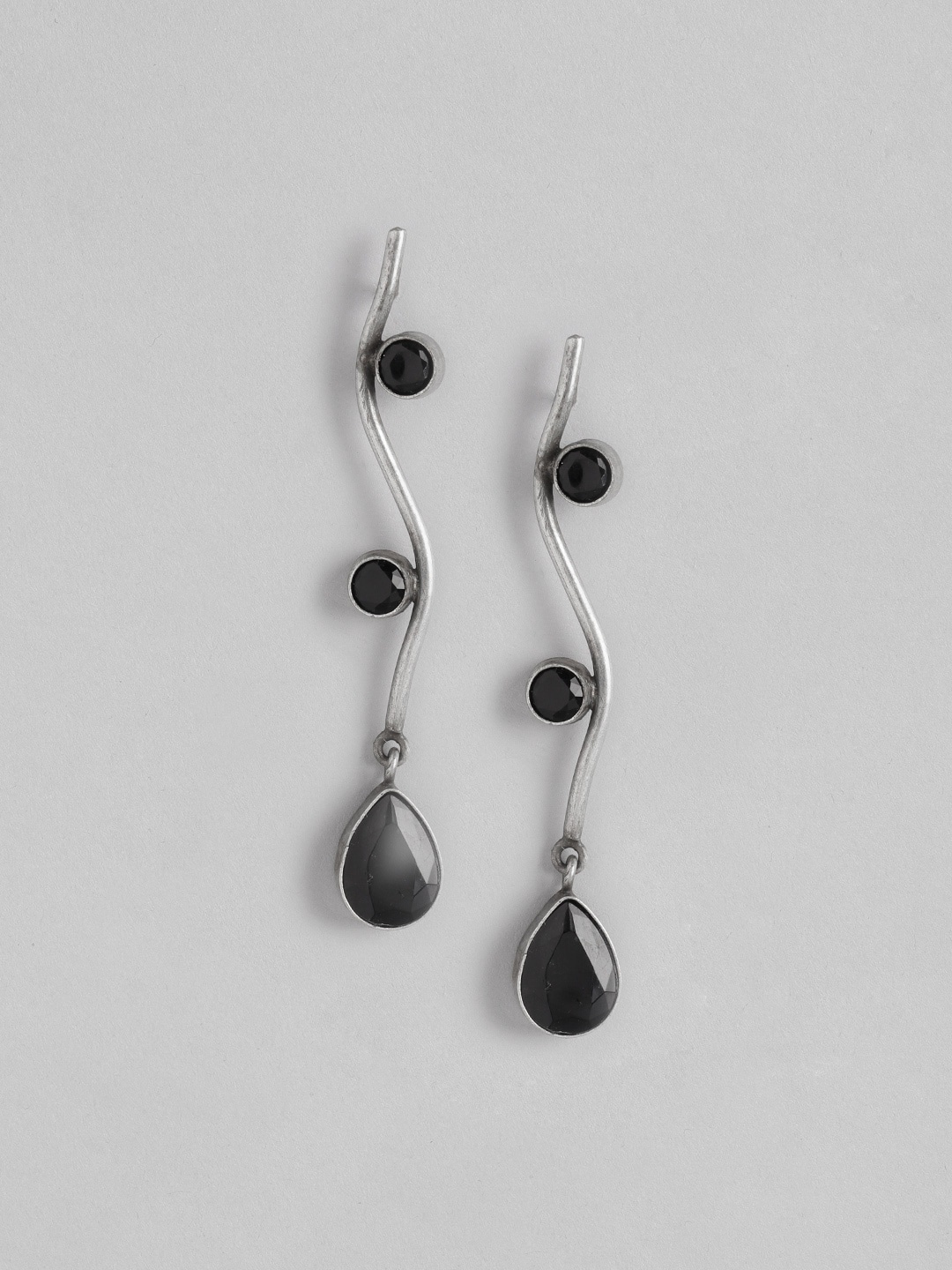 

Anouk Silver-Toned & Black Stone Studded Contemporary Drop Earrings