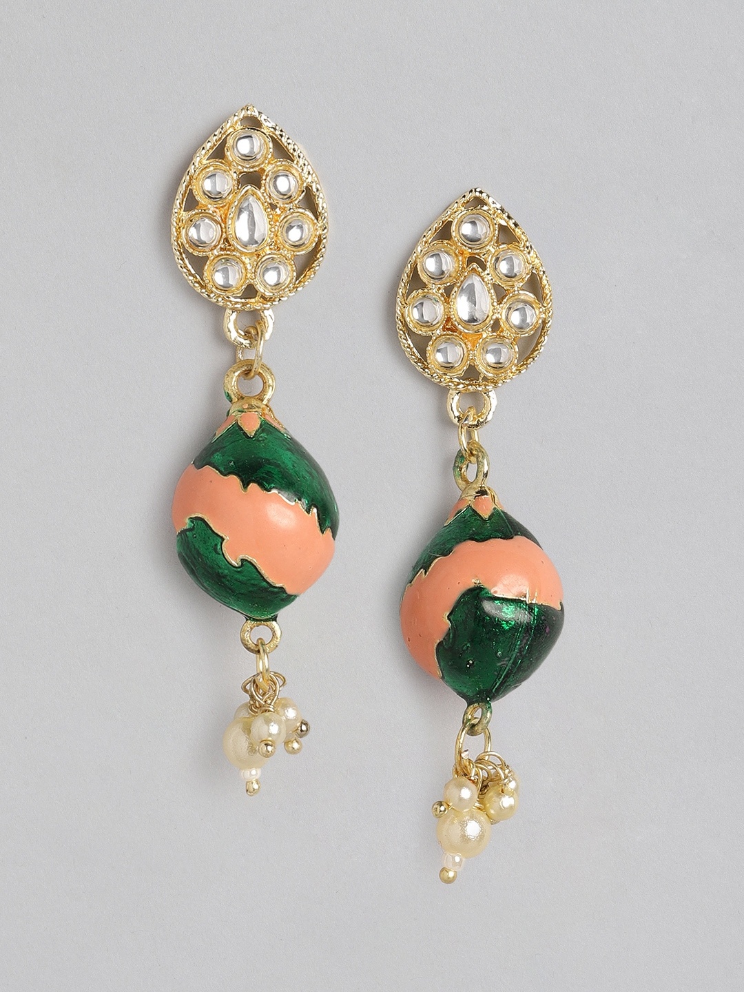 

Anouk Peach-Coloured & Green Stone Studded & Beaded Contemporary Drop Earrings