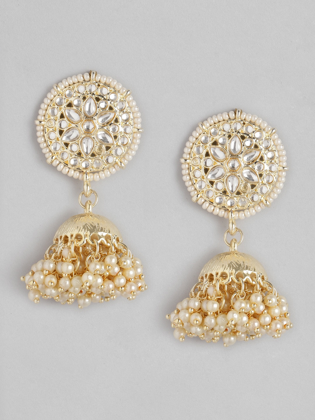 

Anouk Gold-Toned & Off White Stone Studded & Beaded Dome Shaped Jhumkas Earrings